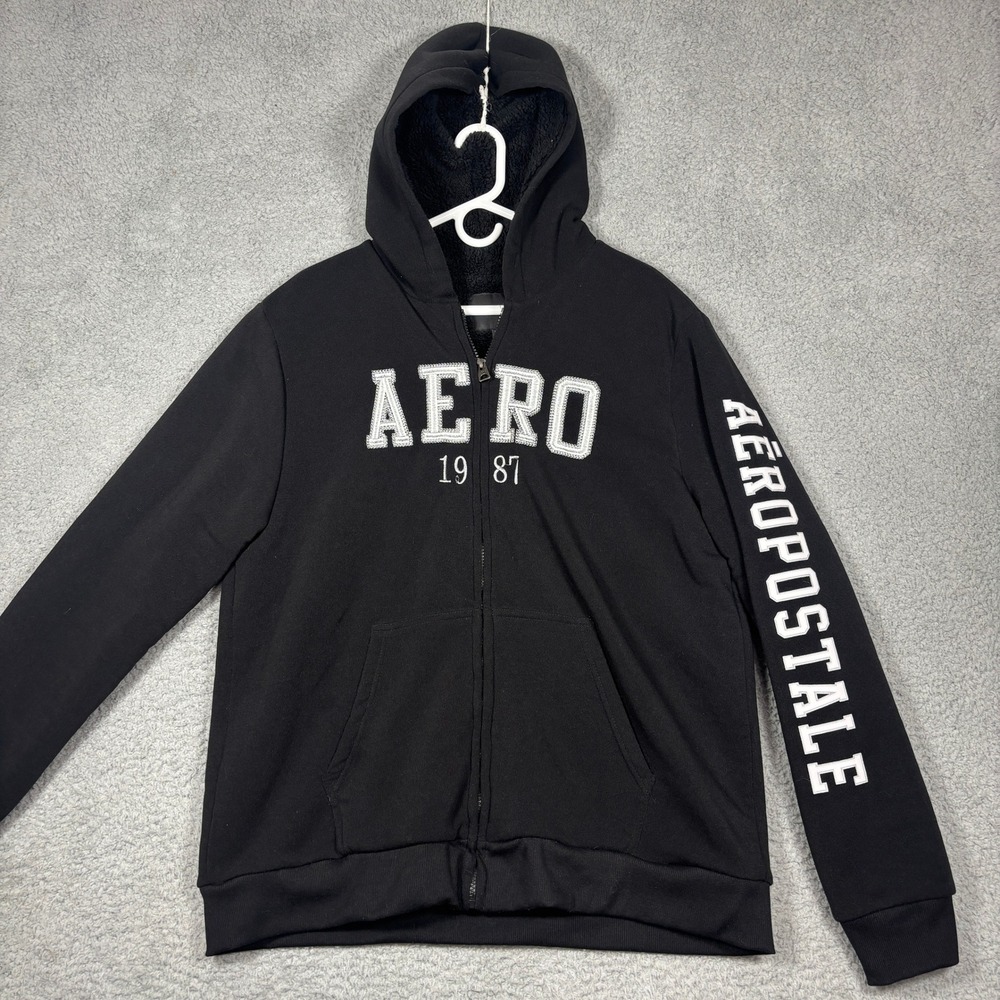 Aeropostale Hoodie Mens XL Black Full Zip Sherpa Lined Logo Sleeve Y2K Graphic